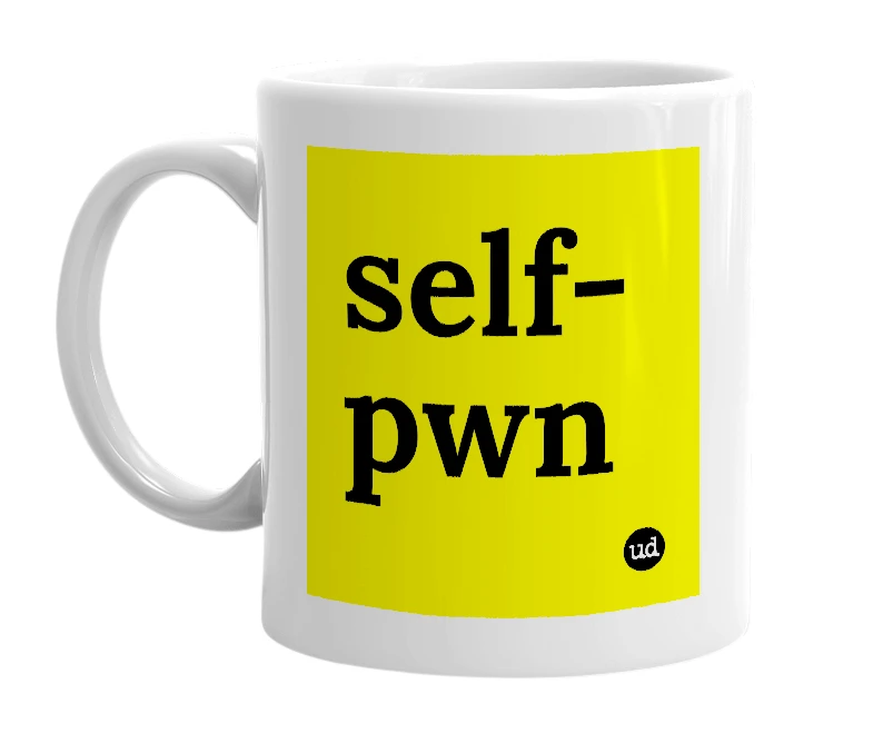 White mug with 'self-pwn' in bold black letters