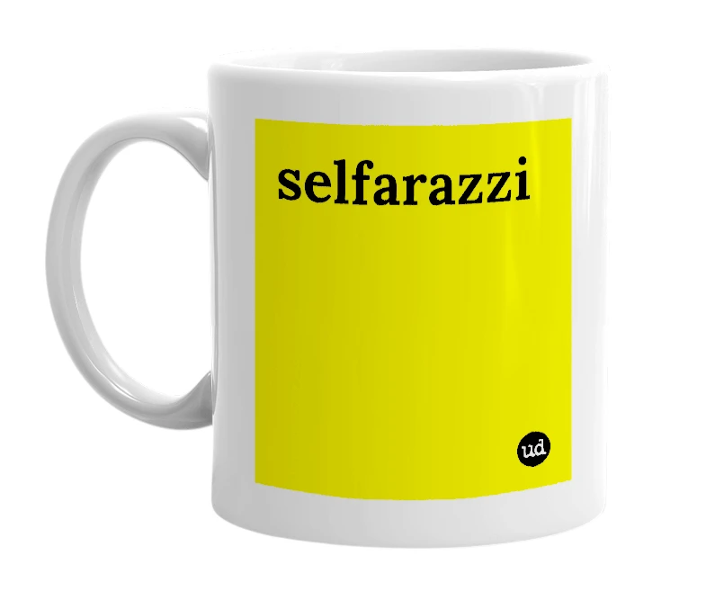 White mug with 'selfarazzi' in bold black letters