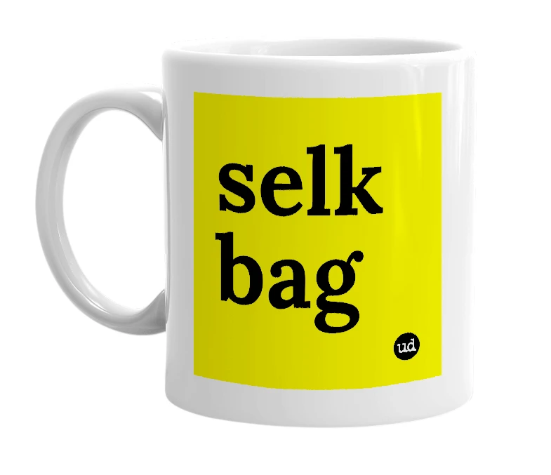 White mug with 'selk bag' in bold black letters