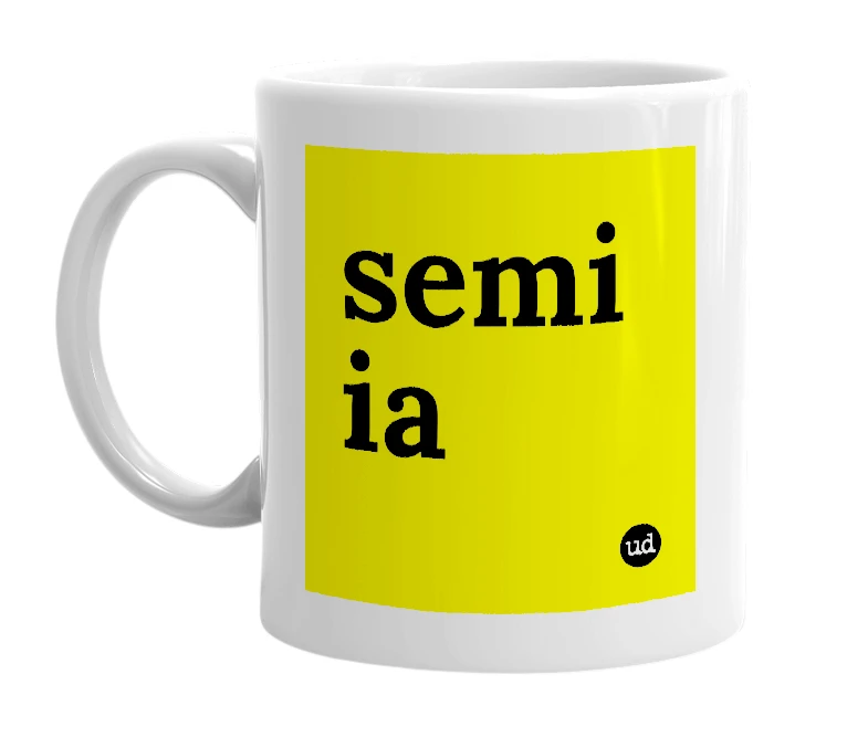 White mug with 'semi ia' in bold black letters