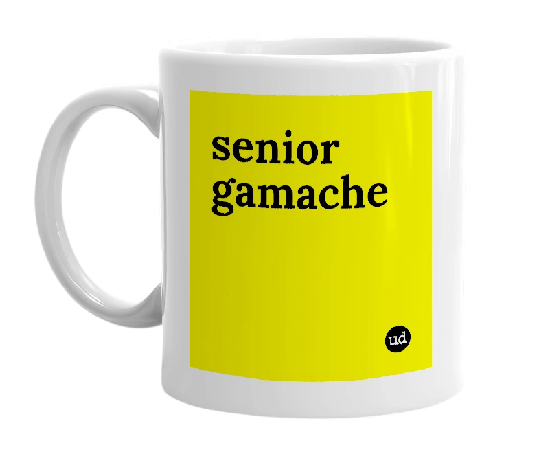 White mug with 'senior gamache' in bold black letters