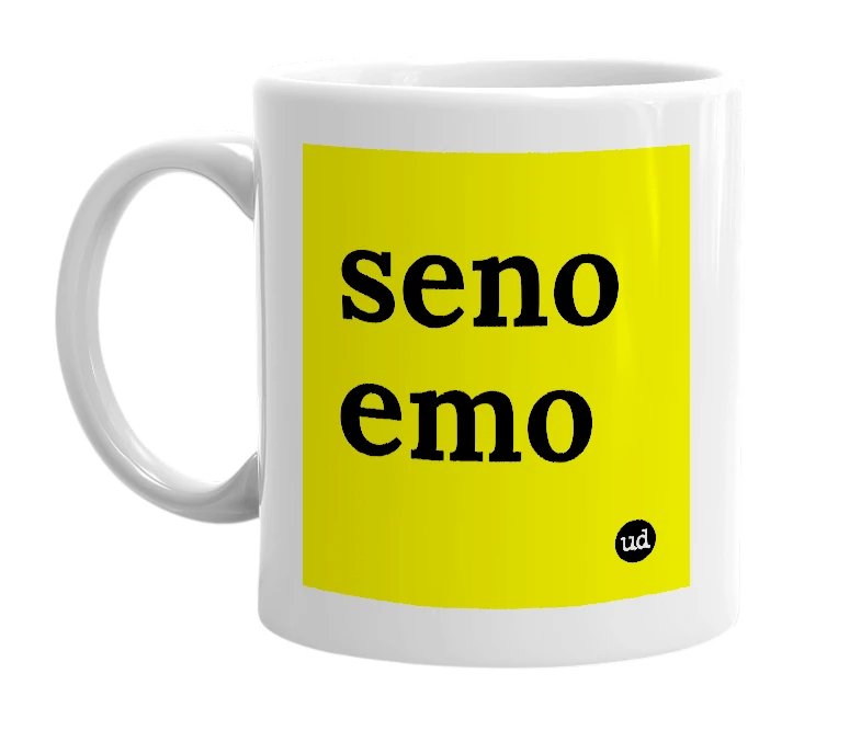 White mug with 'seno emo' in bold black letters