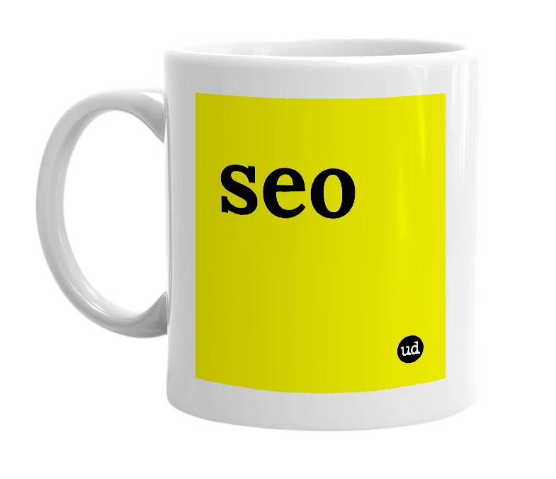 White mug with 'seo' in bold black letters