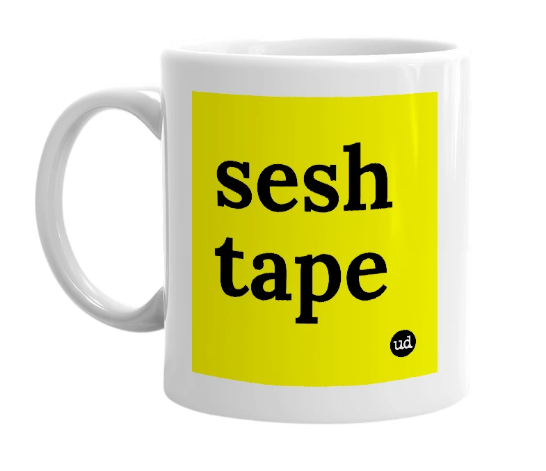 White mug with 'sesh tape' in bold black letters