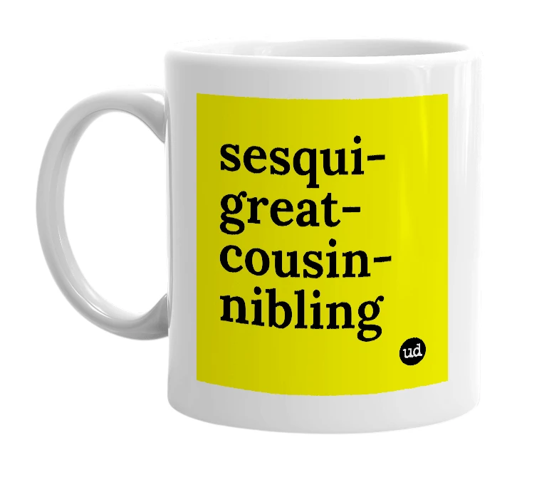 White mug with 'sesqui-great-cousin-nibling' in bold black letters
