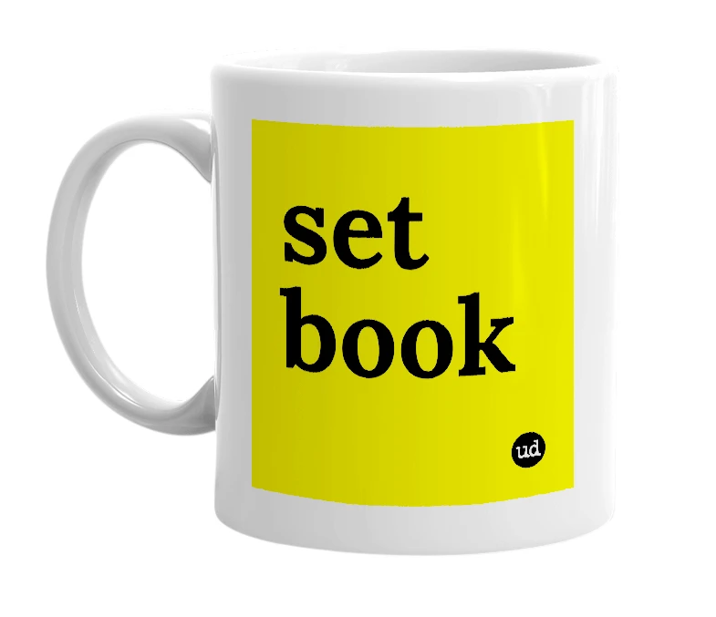 White mug with 'set book' in bold black letters