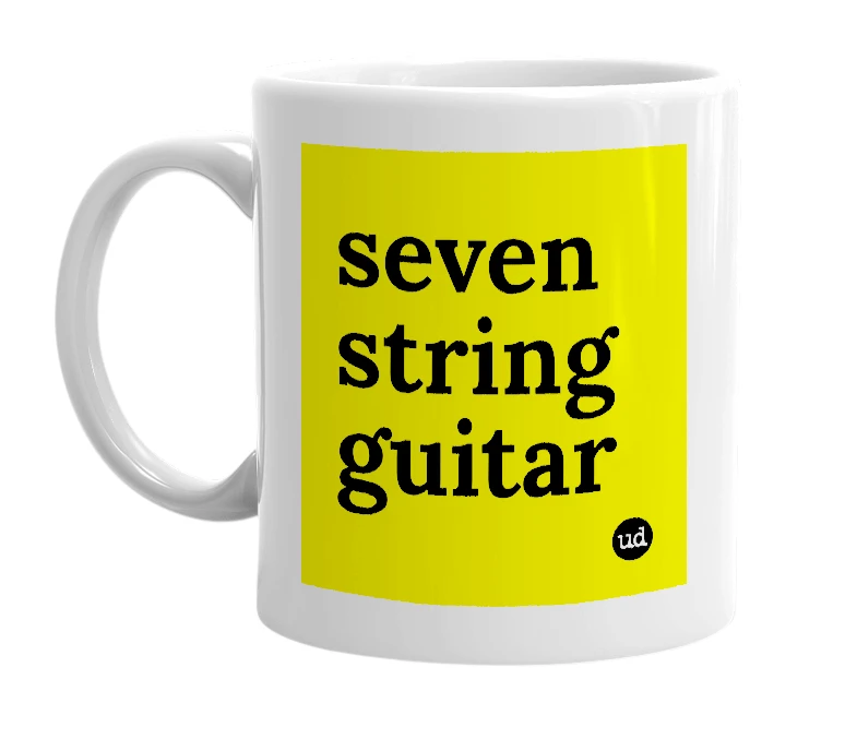 White mug with 'seven string guitar' in bold black letters