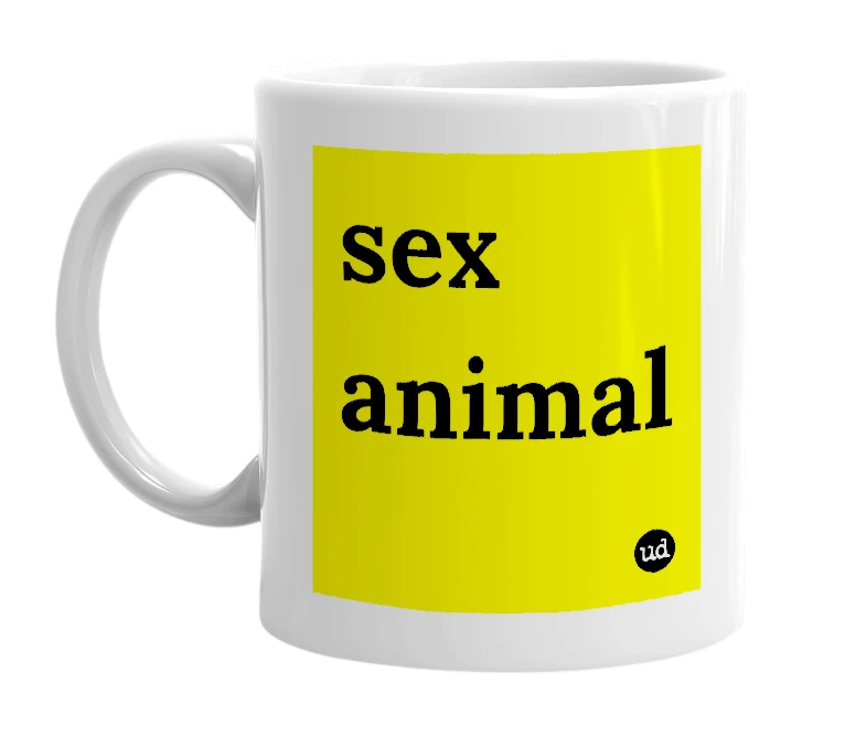 White mug with 'sex animal' in bold black letters