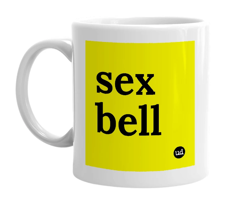 White mug with 'sex bell' in bold black letters