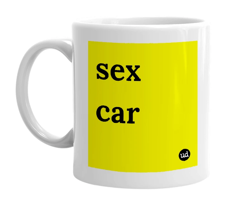 White mug with 'sex car' in bold black letters