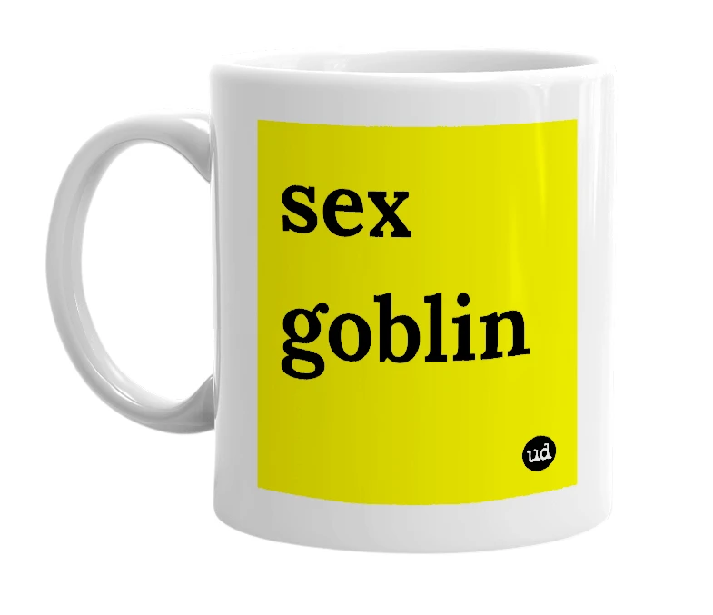 White mug with 'sex goblin' in bold black letters