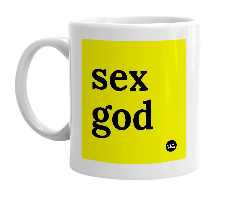White mug with 'sex god' in bold black letters