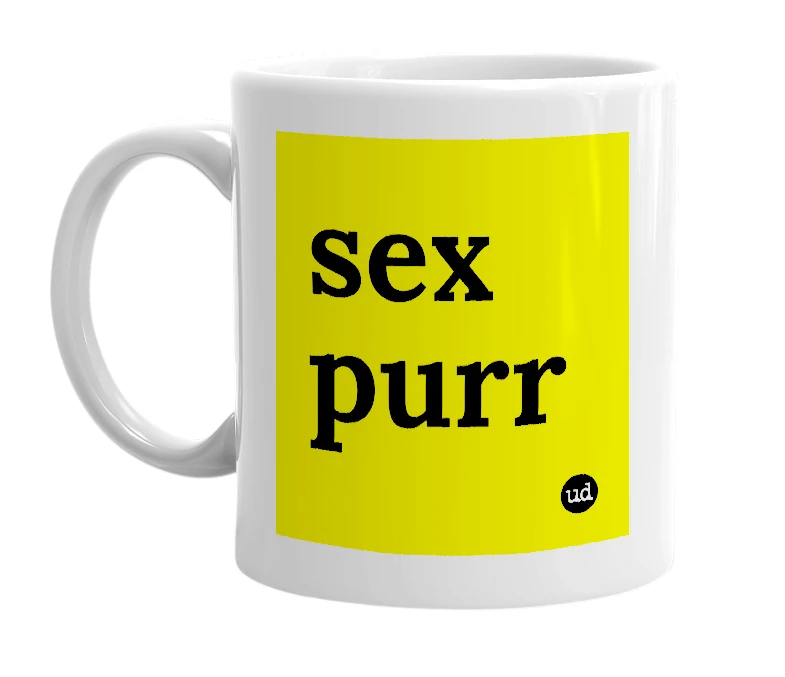 White mug with 'sex purr' in bold black letters