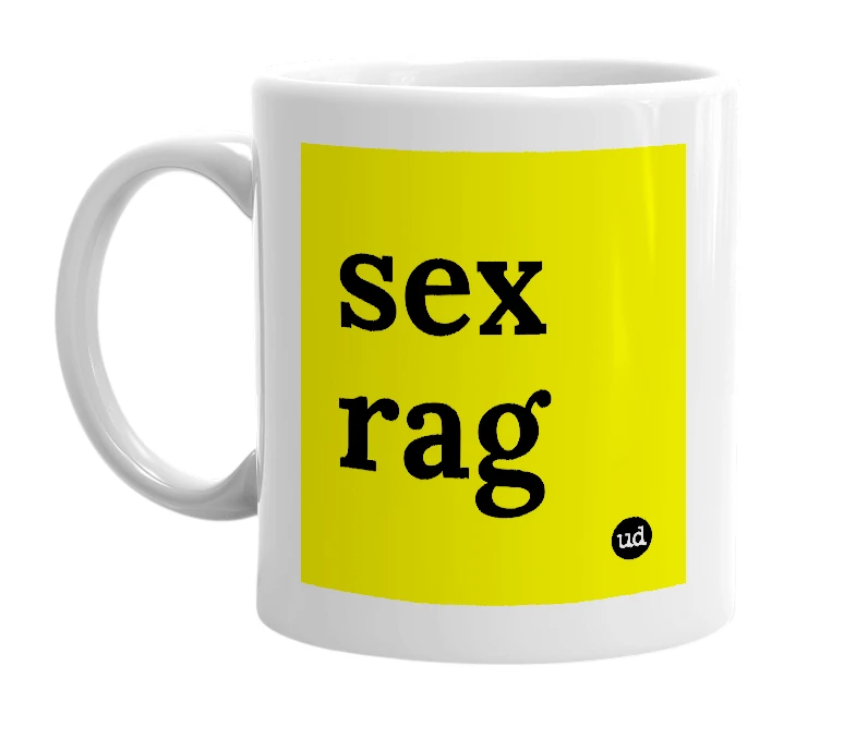 White mug with 'sex rag' in bold black letters
