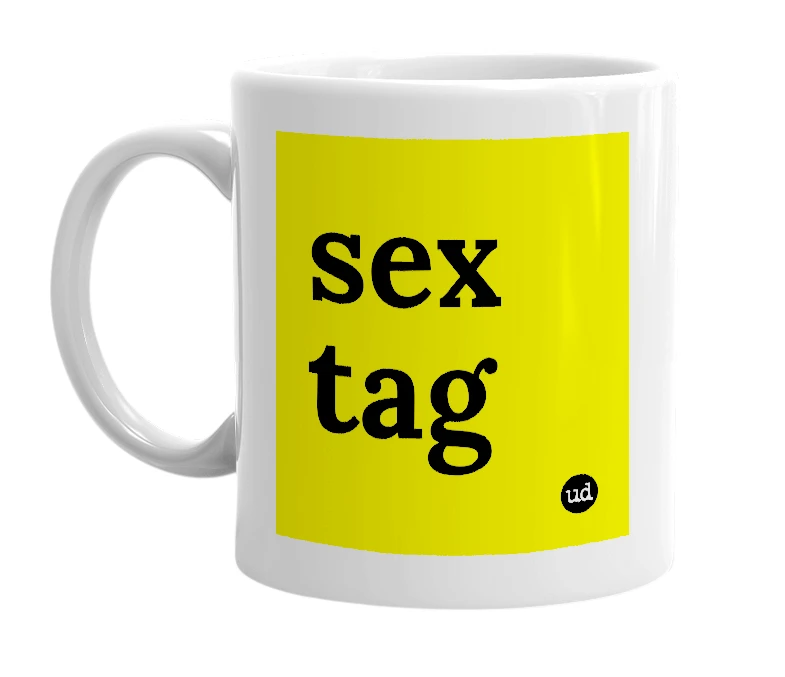 White mug with 'sex tag' in bold black letters