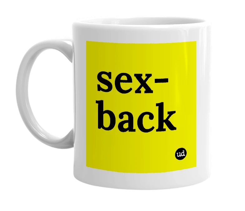 White mug with 'sex-back' in bold black letters