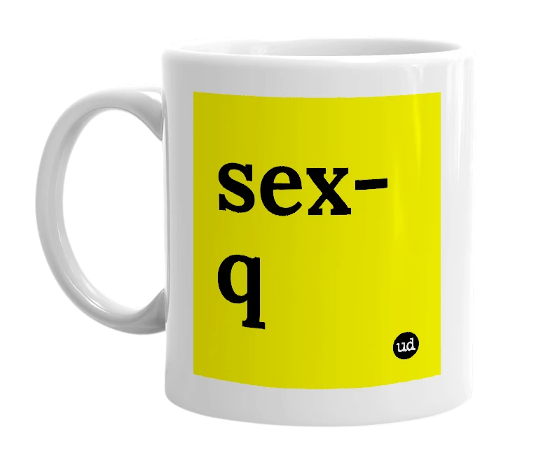 White mug with 'sex-q' in bold black letters