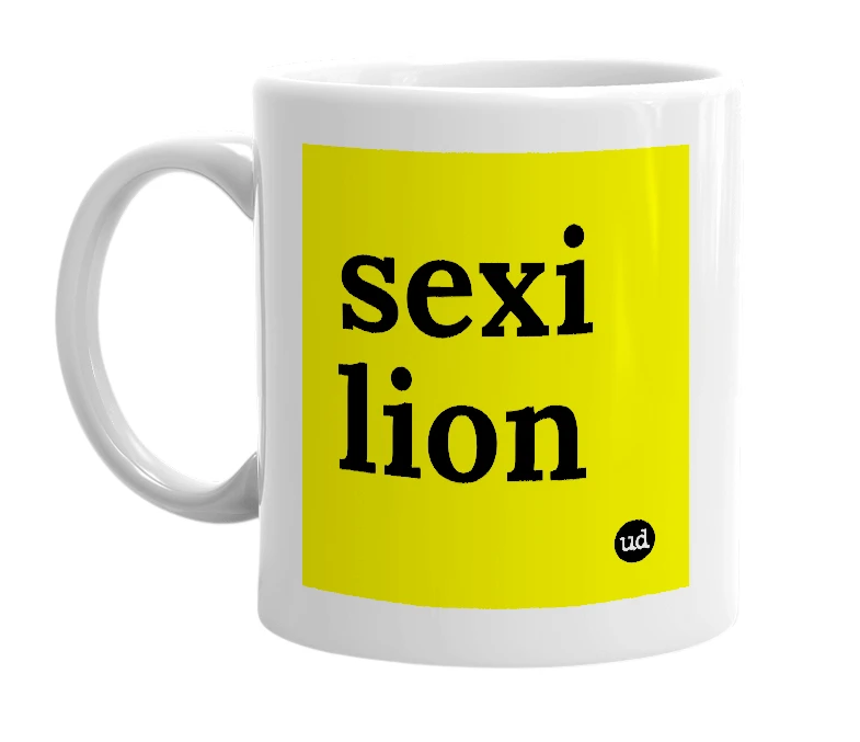 White mug with 'sexi lion' in bold black letters