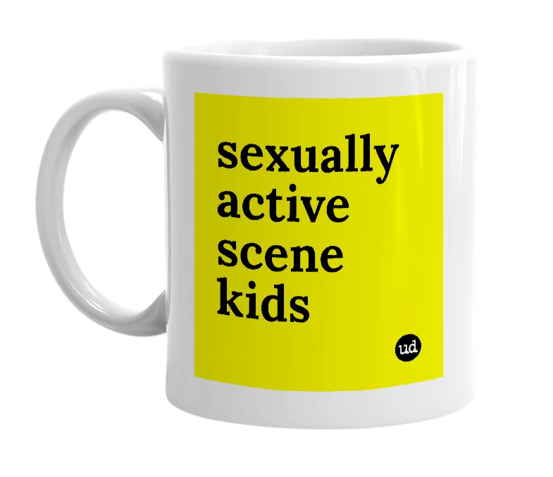White mug with 'sexually active scene kids' in bold black letters