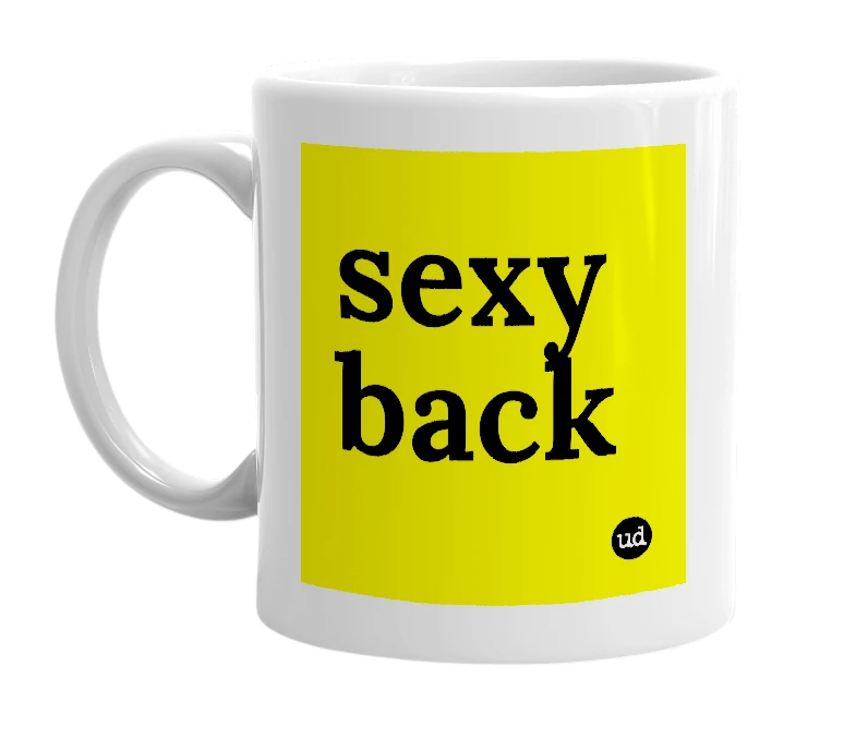 White mug with 'sexy back' in bold black letters