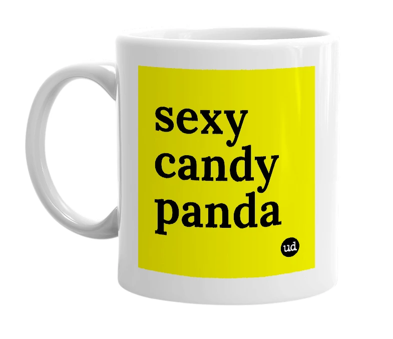White mug with 'sexy candy panda' in bold black letters