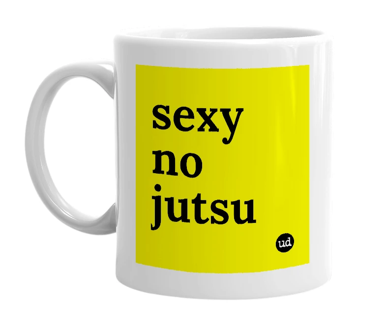 White mug with 'sexy no jutsu' in bold black letters