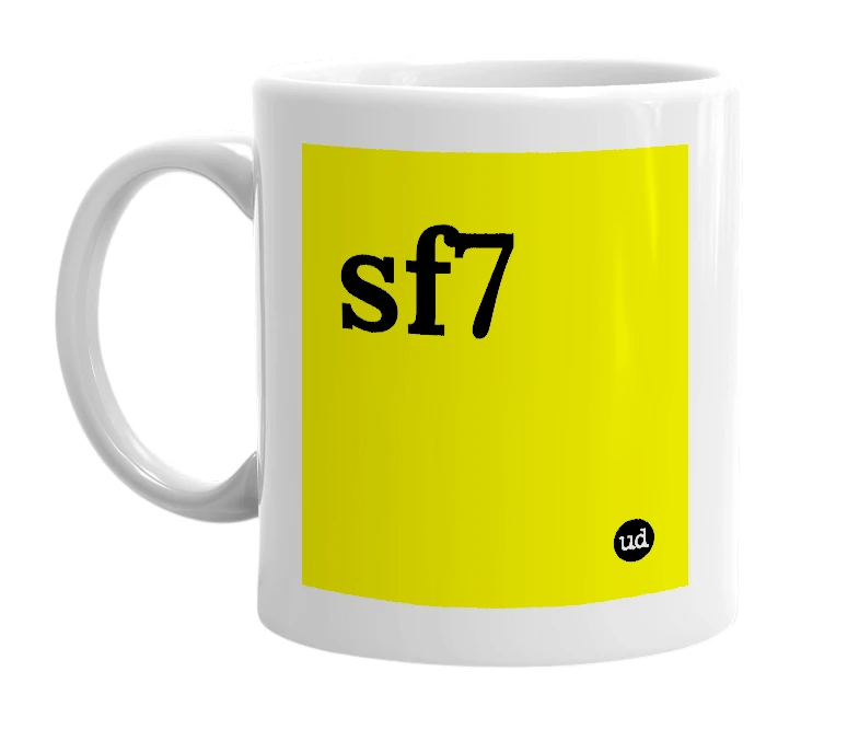 White mug with 'sf7' in bold black letters