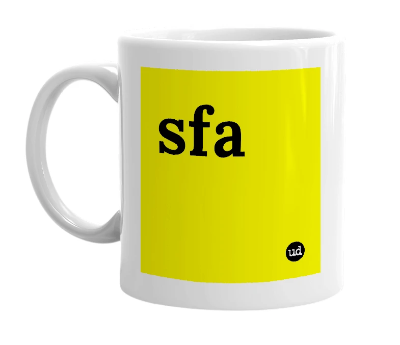 White mug with 'sfa' in bold black letters