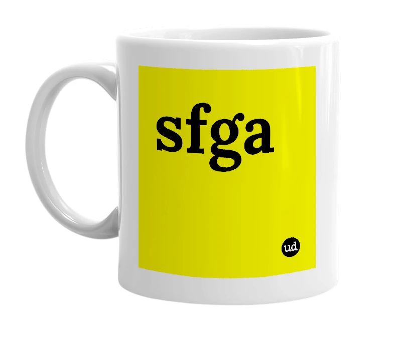 White mug with 'sfga' in bold black letters