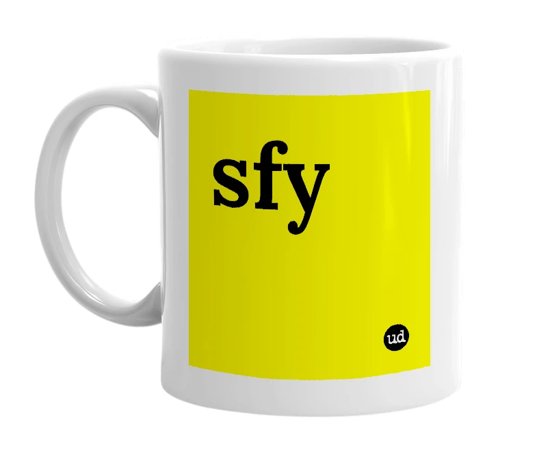 White mug with 'sfy' in bold black letters