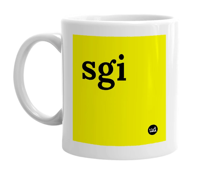 White mug with 'sgi' in bold black letters