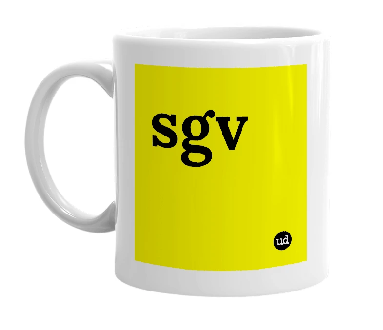 White mug with 'sgv' in bold black letters