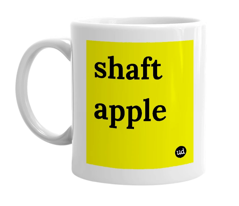 White mug with 'shaft apple' in bold black letters