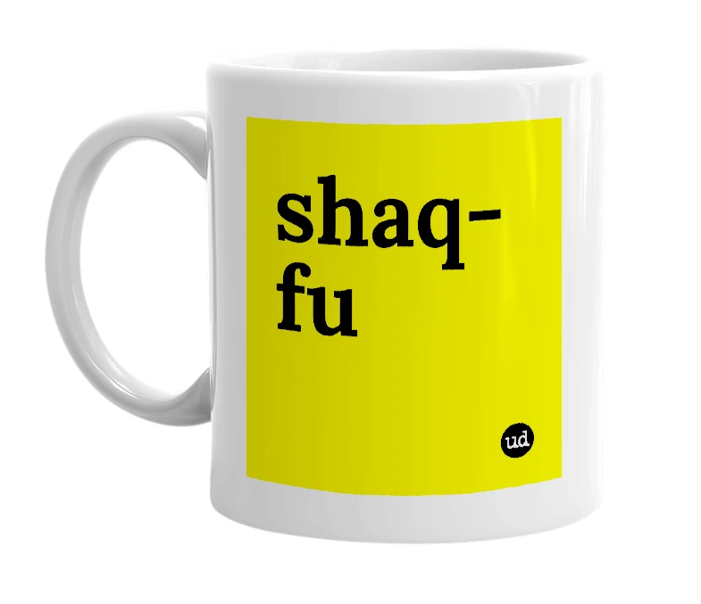 White mug with 'shaq-fu' in bold black letters