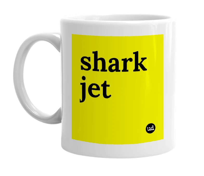 White mug with 'shark jet' in bold black letters