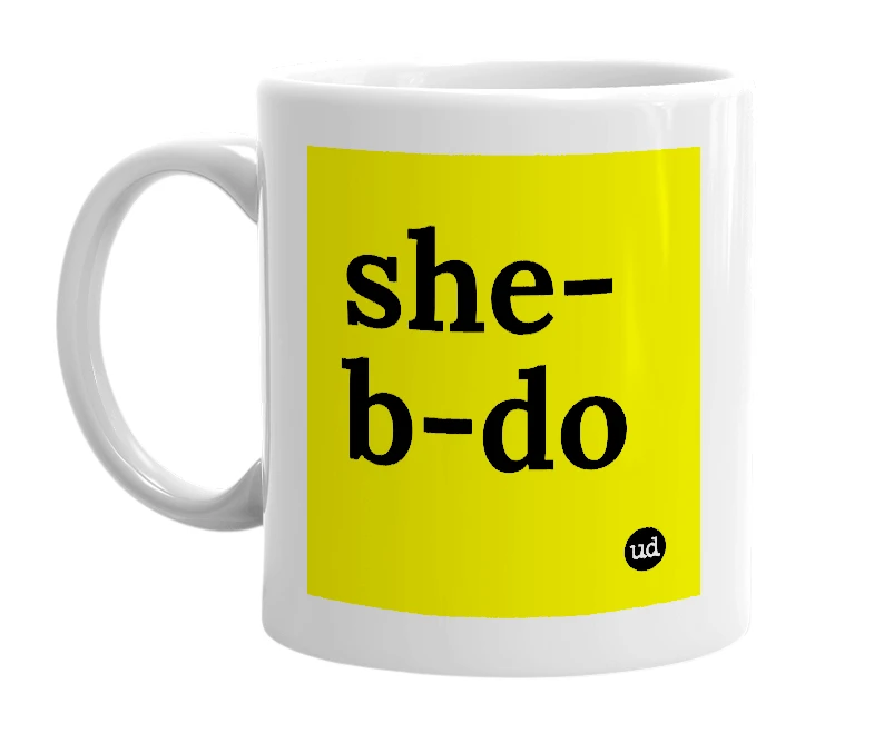 White mug with 'she-b-do' in bold black letters