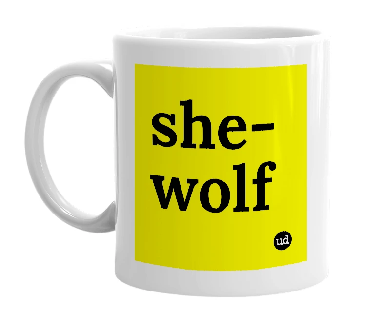 White mug with 'she-wolf' in bold black letters