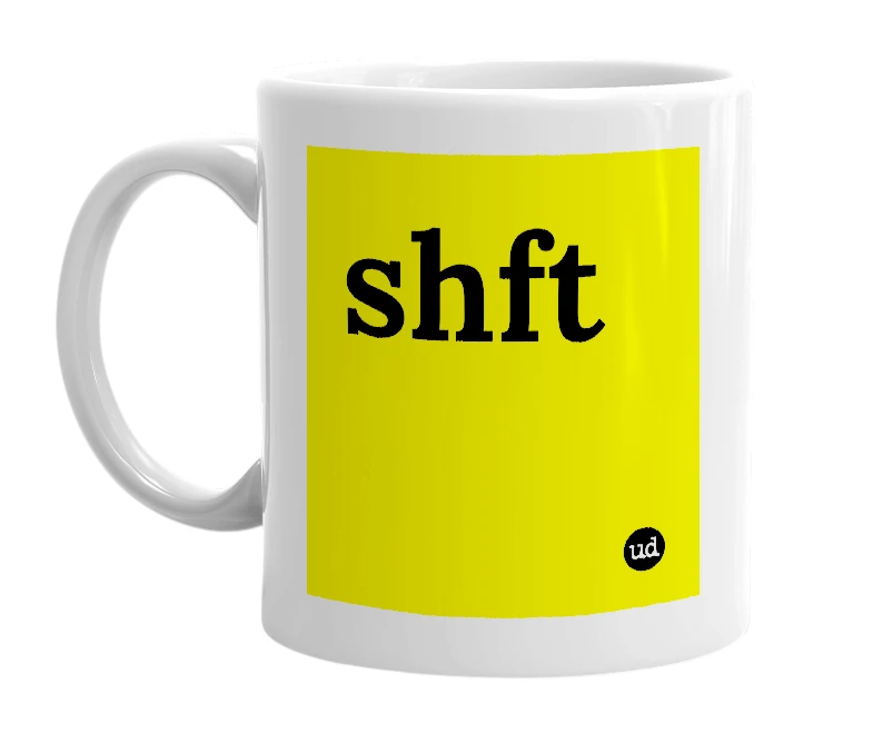 White mug with 'shft' in bold black letters