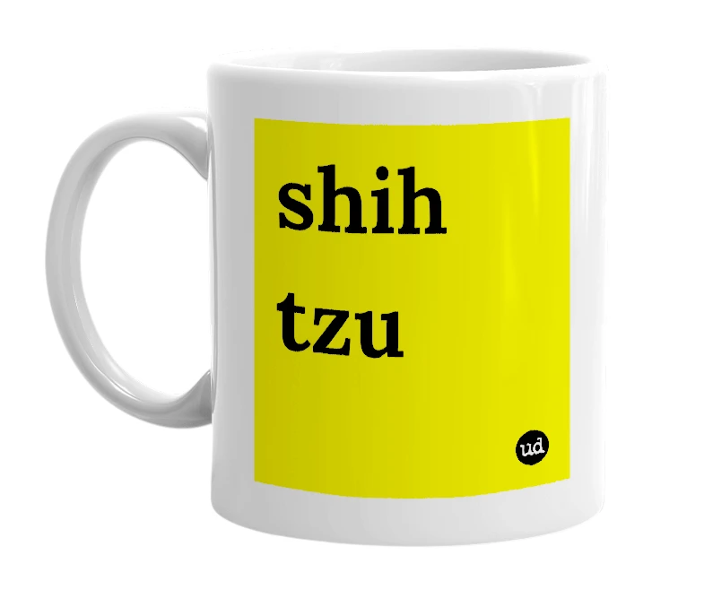 White mug with 'shih tzu' in bold black letters