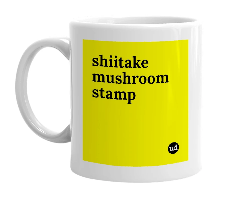 White mug with 'shiitake mushroom stamp' in bold black letters