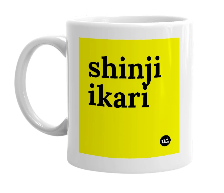White mug with 'shinji ikari' in bold black letters