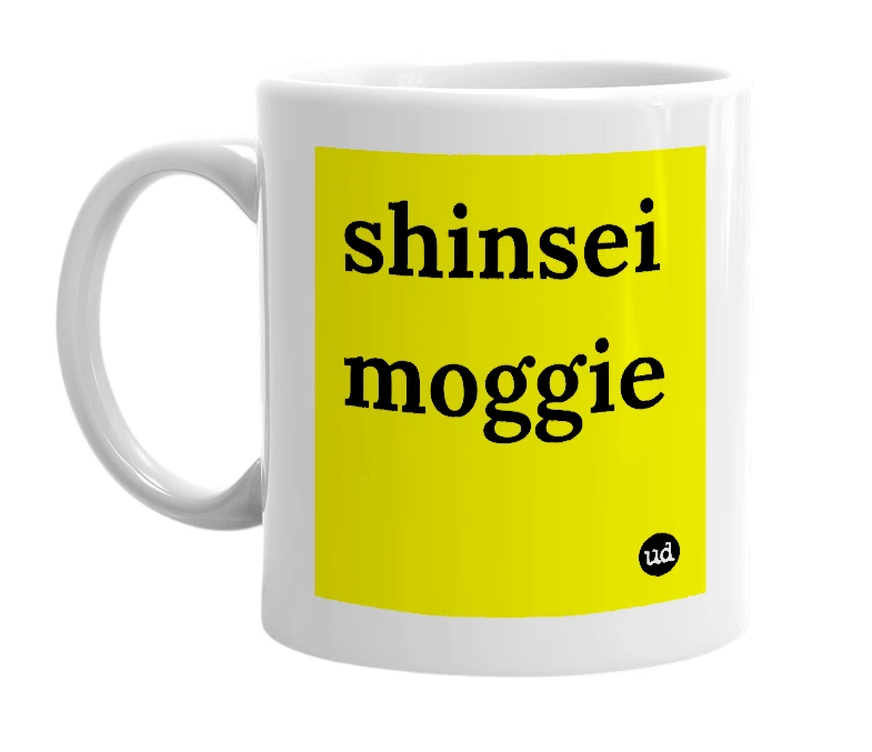 White mug with 'shinsei moggie' in bold black letters
