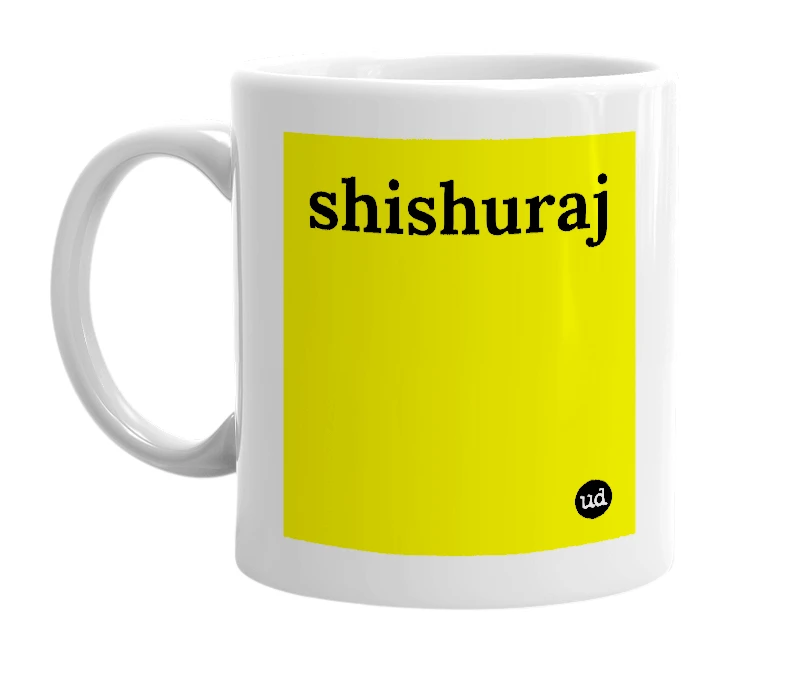 White mug with 'shishuraj' in bold black letters