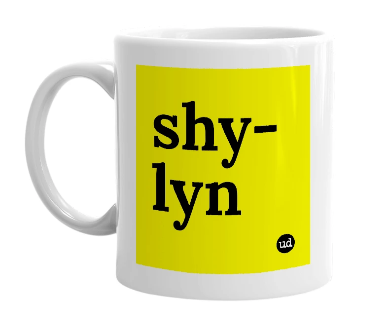 White mug with 'shy-lyn' in bold black letters