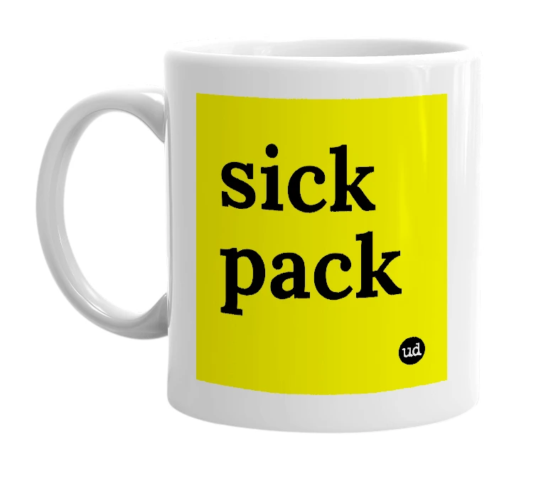 White mug with 'sick pack' in bold black letters