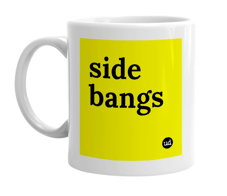 White mug with 'side bangs' in bold black letters