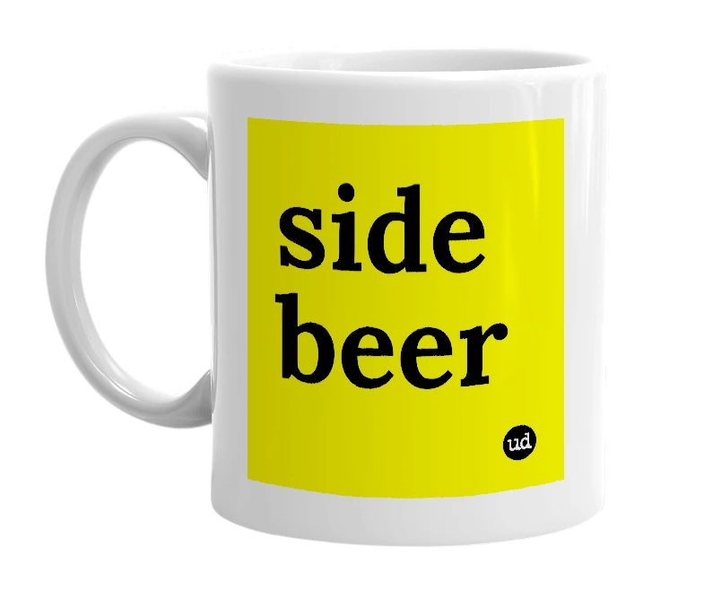 White mug with 'side beer' in bold black letters