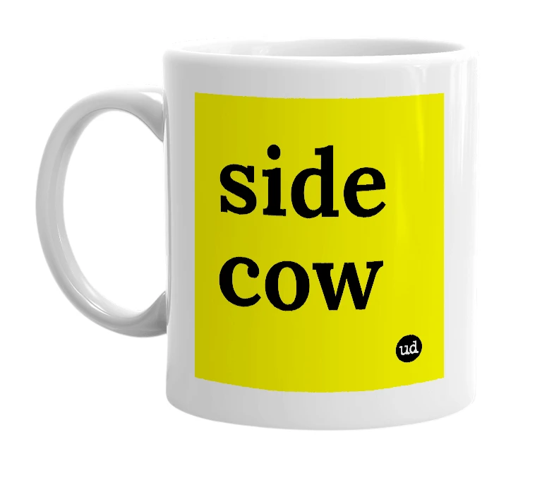 White mug with 'side cow' in bold black letters
