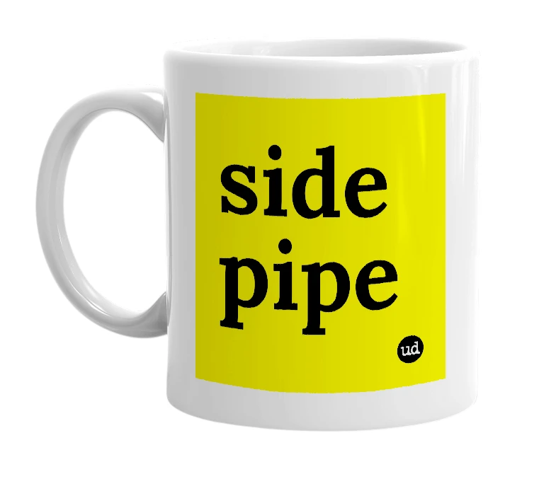 White mug with 'side pipe' in bold black letters