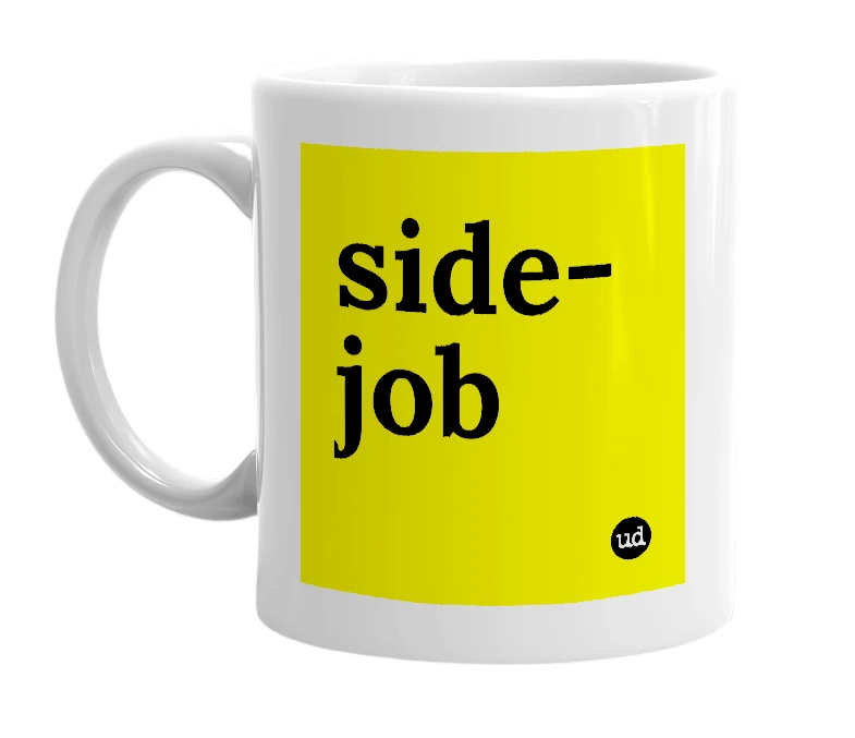 White mug with 'side-job' in bold black letters